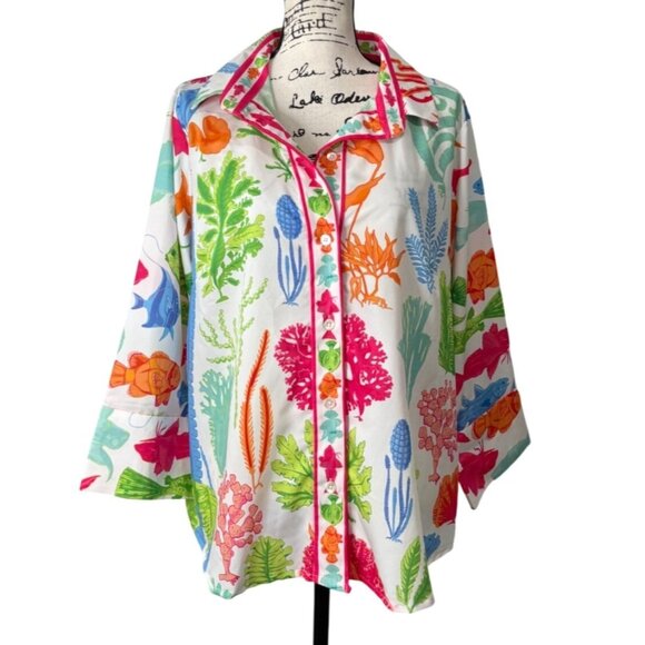 Gretchen Scott Designs Tops - Gretchen Scott Button-Up Top Blouse Sea Sway Brights Ocean Fish Diva XXXL NEW